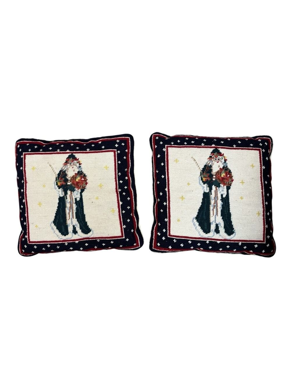 Vintage Needlepoint Santa Christmas Throw Pillows Primitive Folk Art Pair